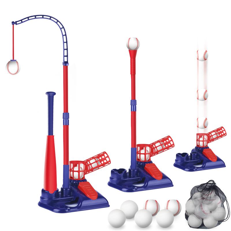 deAO Baseball Set, 3-in-1 Tee Ball Stand,Hanging Tee,Ball Launcher and 6 Balls, Adjustable Height,Outdoor Sport Toy Games