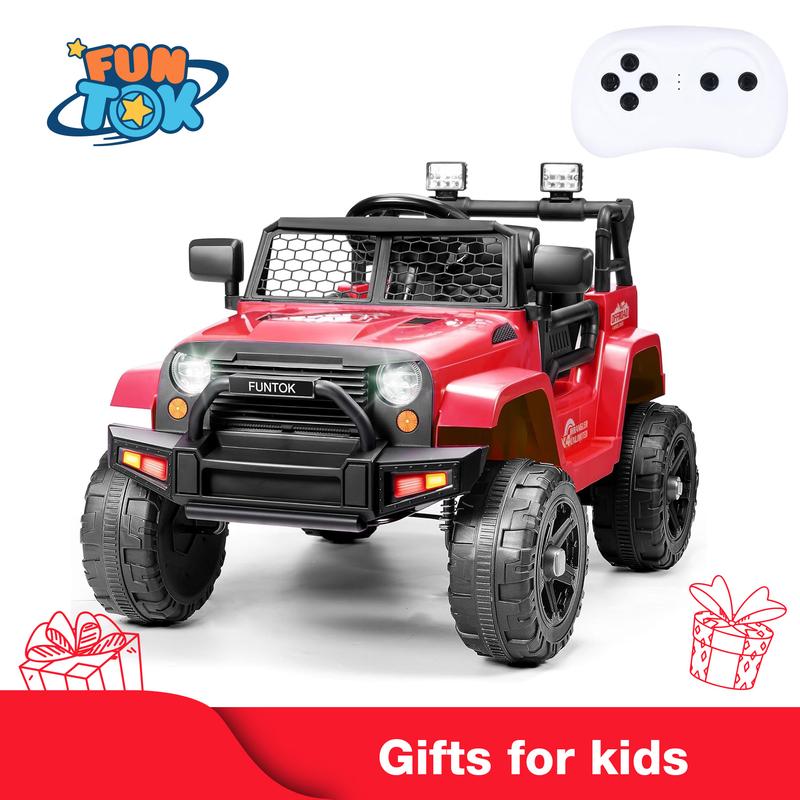 FUNTOK 12V Electric Ride On Car Jeep with Remote Control, LED Lights, Horn, Radio, USB AUX MP3 Music Play, Opening Doors & Spring Suspension for Kids Toddlers