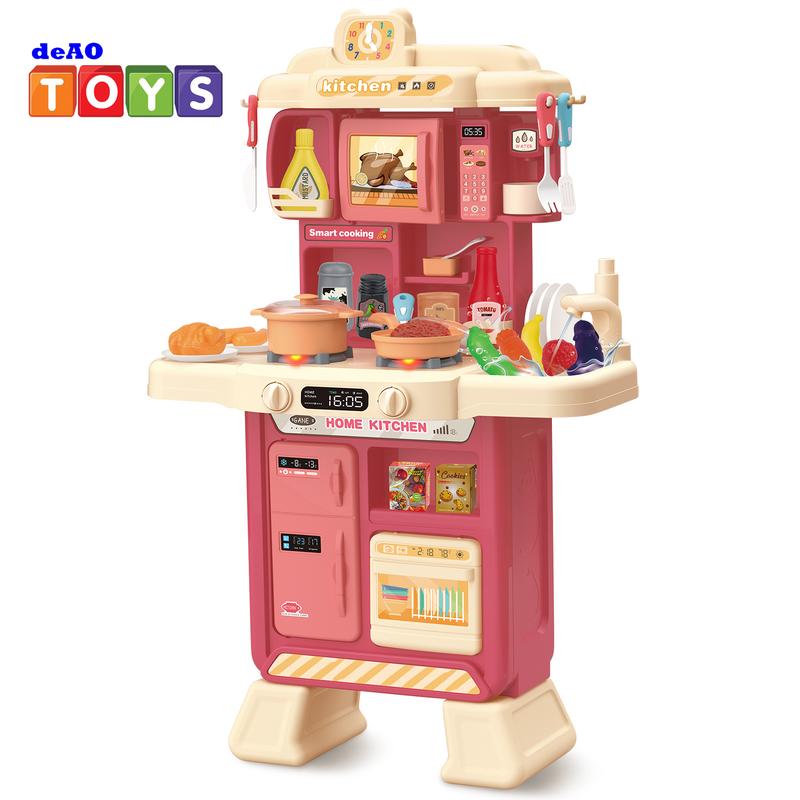 deAO Kitchen Playset Toy with Sounds and Lights Role Playing Game Pretend Food and Cooking Playset,35 PCS Kitchen Accessories Set