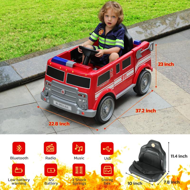 ELEMARA 12V Ride on Fire Truck, Ride on Car for Kids,Electric Ride on Toys Car w Parent Remote Control,Siren Call,walkie-talkies, Flashing Lights,Fire Extinguishers, Bluetooth,Music,UBS