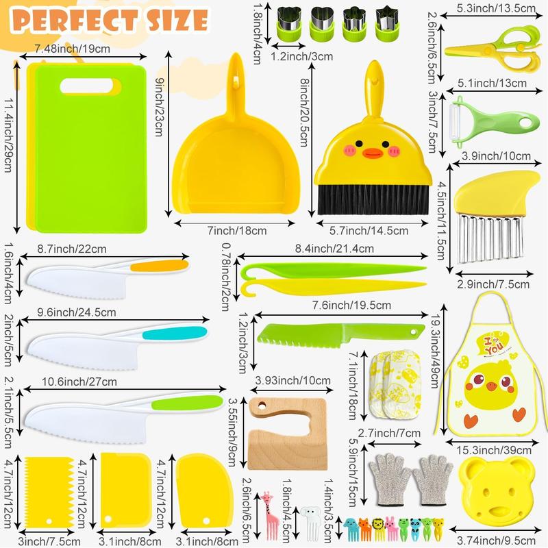 45 Piece Kids Kitchen Utensils Set, Kids Real Cooking Kitchen Utensils, Kids Kitchen Tools Set with Wooden Kids Cutting Board Gloves Fruits Vegetables Waves