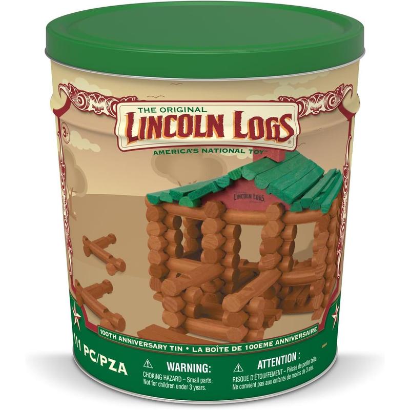 Lincoln Logs – 100Th Anniversary Tin, 111 Pieces, Real Wood Logs - Ages 3+ - Best Retro Building Gift Set For Boys Girls - Creative Construction Engineering - Preschool Education Toy