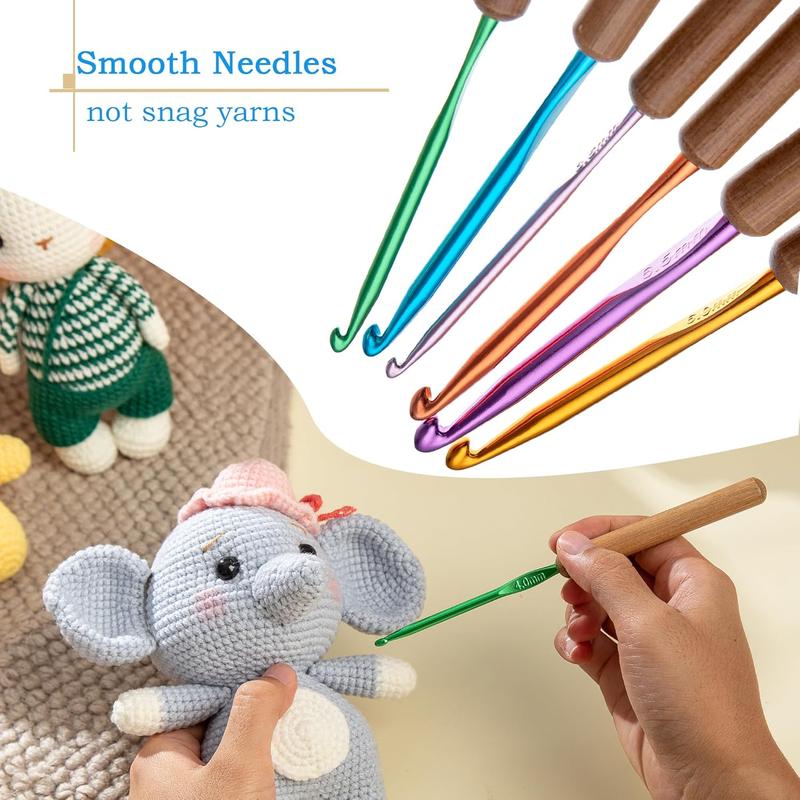 Large-Eye Blunt Needles Yarn Knitting and Crochet Hooks Set with Case Bamboo Handle for Arthritic Hands(Set A)