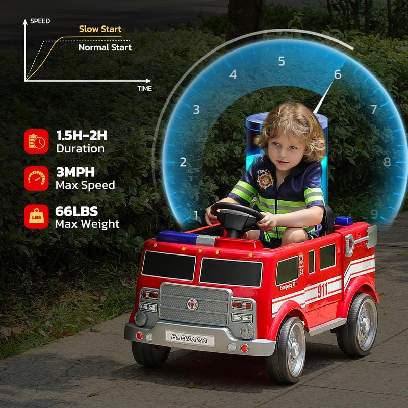 ELEMARA 12V Ride on Fire Truck, Ride on Car for Kids,Electric Ride on Toys Car w Parent Remote Control,Siren Call,walkie-talkies, Flashing Lights,Fire Extinguishers, Bluetooth,Music,UBS