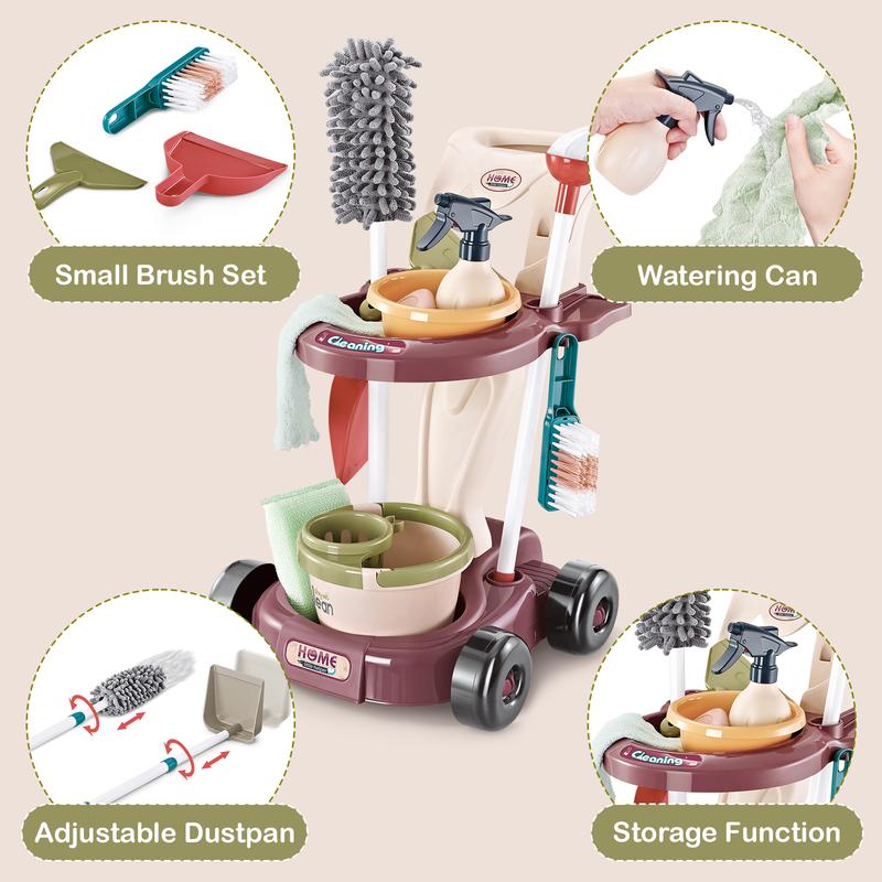 deAO Cleaning Set,Pretend Play Detachable Housekeeping Cart with Broom,Dust Pan,Spray Bottle House Cleaning Tools Toys,Educational Cleaning Carts