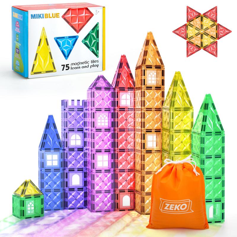 MikiBlue Magnetic Building Tiles Set for Kids 75 PCS Magnetic Blocks Shapes Toys