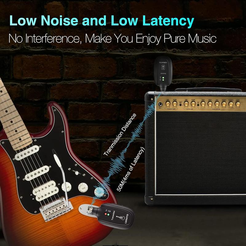 LEKATO A8 Wireless Guitar System, Built-in Rechargeable 4 Channels, Wireless Guitar Transmitter Receiver for Electric Guitar Bass, Violin