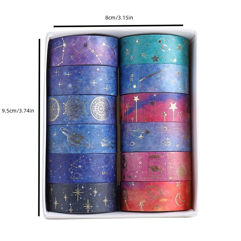 Starry Sky Series Washi Tape (12 Rolls box), Colorful Adhesive Decorative Tape, DIY Decorative Tape for Journal Making, Gift Wrapping