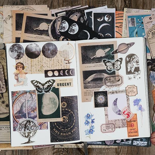 Vintage Scrapbook Supplies Pack (200 Pieces) for Journal Journals Planners Space Moon Paper Stickers Craft Kits Collage (Celestial)