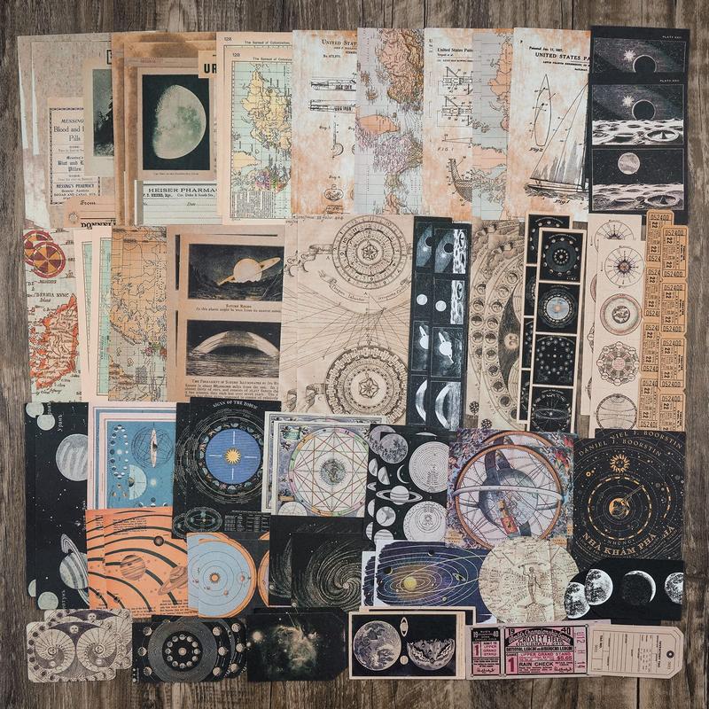 Vintage Scrapbook Supplies Pack (200 Pieces) for Journal Journals Planners Space Moon Paper Stickers Craft Kits Collage (Celestial)