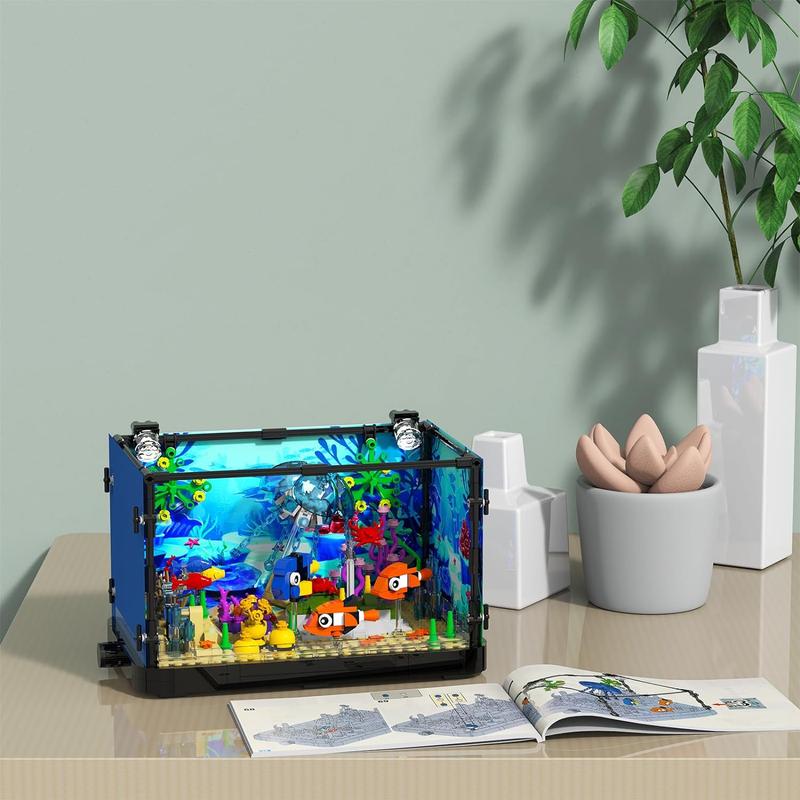 Tenhorses Fish Tank Building Sets, Aquarium with Light Kits Includes Rotatable Jellyfish, Crab, Clownfish, Parrotfish, Marine Plants. Creative Gifts for Girls Boys or Adults.