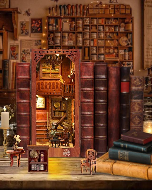 VERYMODEL Book Corner Kit, Christmas Gift DIY Miniature Dollhouse Book Corner Kit, 3D Wooden Puzzle Bookends Bookshelf Insert Decoration with LED Lights, Book Corner Kit for Adults and Teens   Ornaments