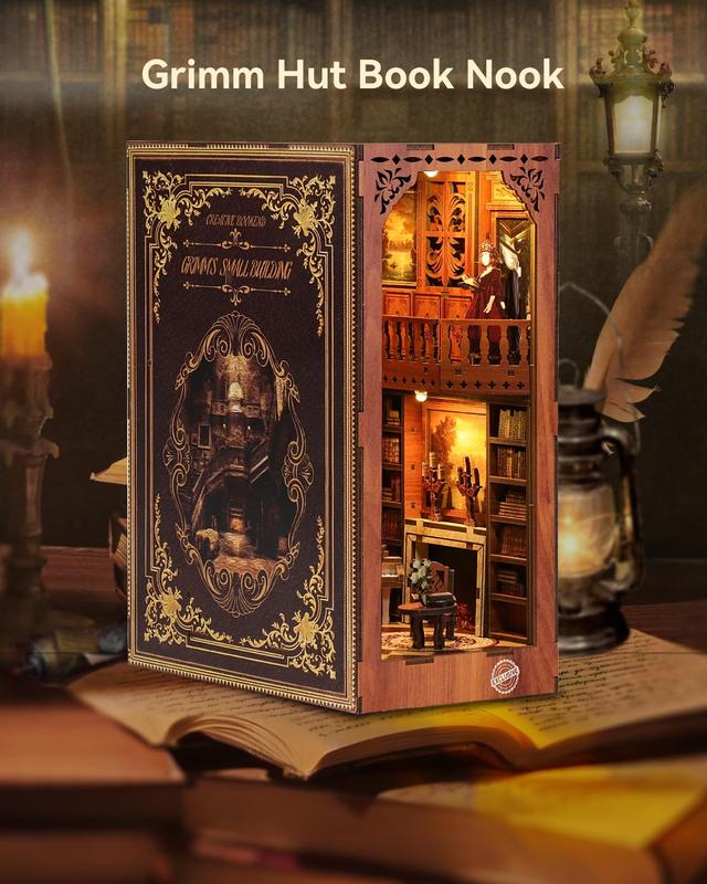 VERYMODEL Book Corner Kit, Christmas Gift DIY Miniature Dollhouse Book Corner Kit, 3D Wooden Puzzle Bookends Bookshelf Insert Decoration with LED Lights, Book Corner Kit for Adults and Teens   Ornaments