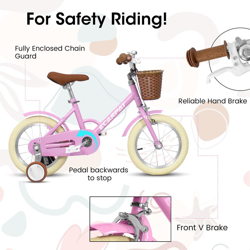 Ecarpat Kids'Bike Girls Bike 12 14 16 Inch Wheels,1-Speed Child Bicycles For 3-6 Years,With Removable Training Wheels Baby Toys,Front V Brake,Rear Holding Brake, Pink Purple Color