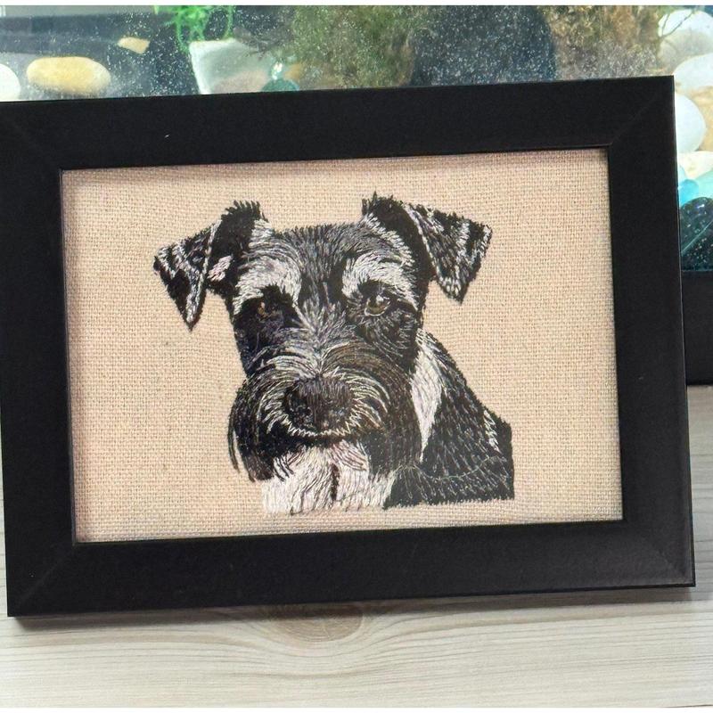 Miniature Schnauzer Machine Embroidered and Framed!  Other Breeds and Designs Available!