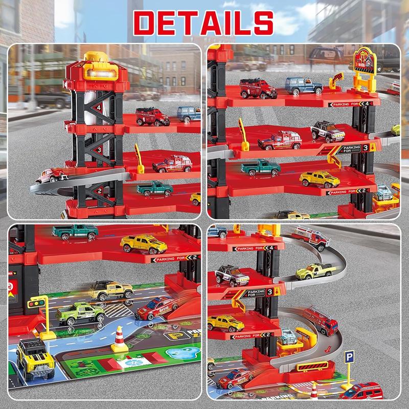 Parking Garage Toy Playset, Race Car Ramp Track Toys Sets Garage Playset with 6 Little Alloy Racer Cars Adventure Track, 3 Parking Levels Christmas Birthdays Gifts for Age 3 4 5 6 7 Boys Girls