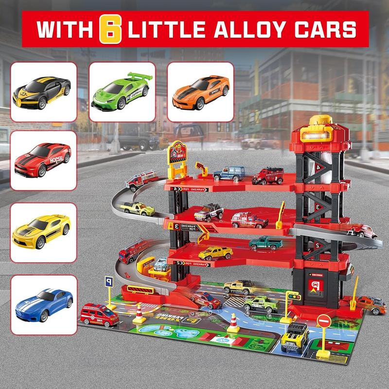 Parking Garage Toy Playset, Race Car Ramp Track Toys Sets Garage Playset with 6 Little Alloy Racer Cars Adventure Track, 3 Parking Levels Christmas Birthdays Gifts for Age 3 4 5 6 7 Boys Girls