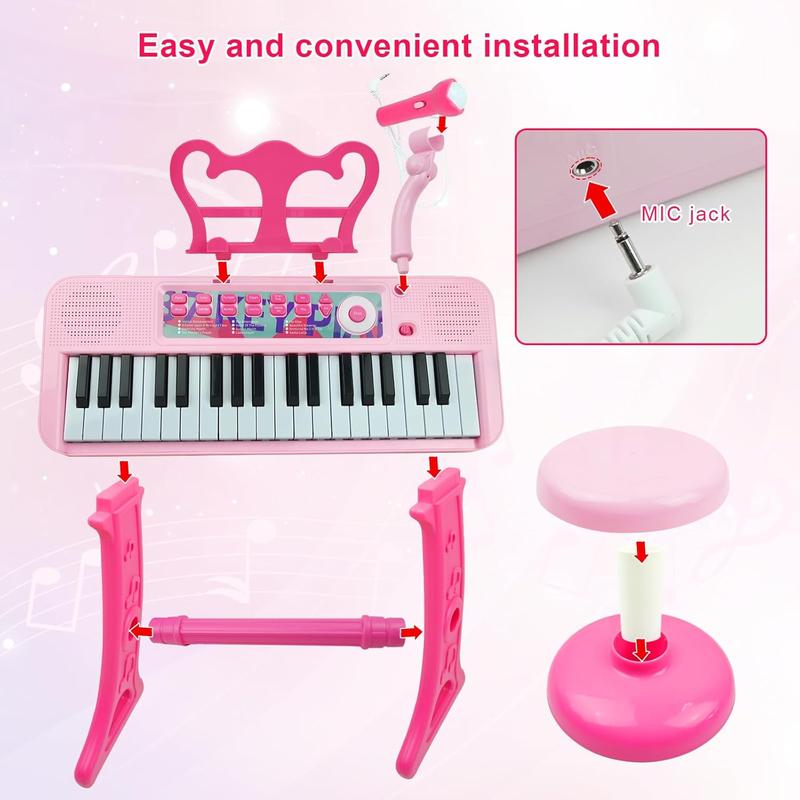 Kids Piano Keyboard Toys - 37 Keys Keyboard Piano with Microphone Stool and 2 Speakers, Christmas Birthday Gifts for 3+ Years Old Baby Girls Toys