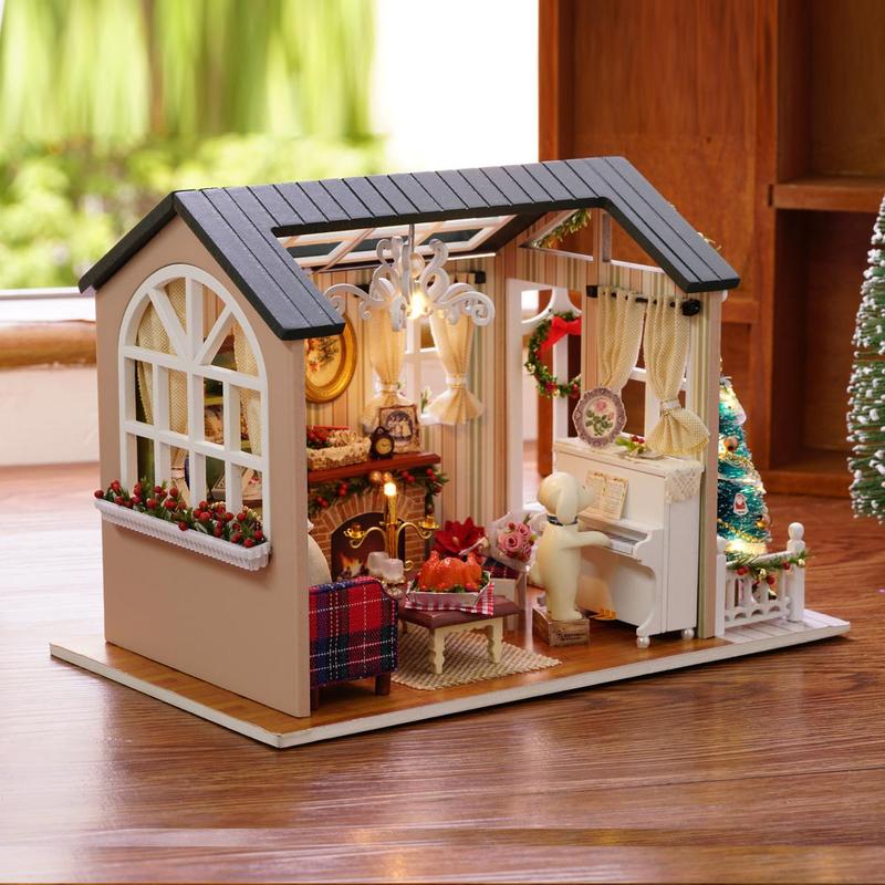 DIY Wooden House Toy, 1 Set Holiday Times Miniature House Kit, DIY House Toy with LED Light, DIY Wooden Craft Kit, Birthday Gift for Friends