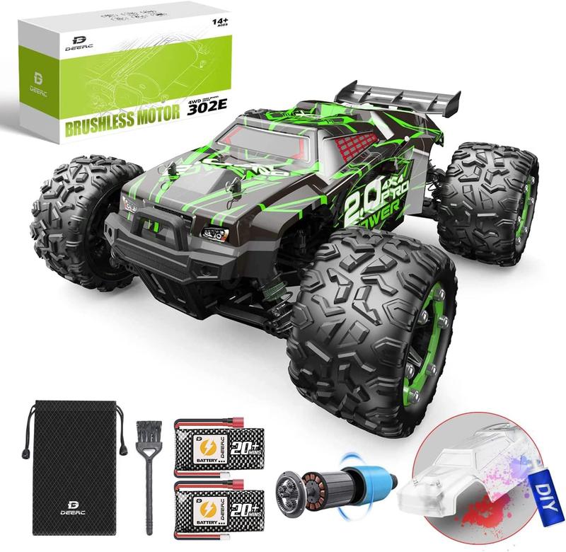 DEERC Brushless 302E RC Cars s, Upgraded 60KM H High Speed Remote Control Car, 4WD 1:18 Scale All Terrain Off Road Monster Truck with DIY Extra Shell, 2 Battery 40 Min Car Toy