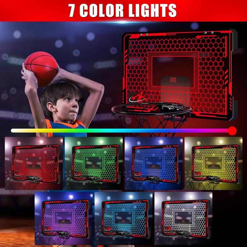 Mini Basketball Hoop Indoor with 7 Colors LED Lights | Over The Door Basketball Hoop with Scorer and Batteries | Door Basketball Hoop for Room Toy Basketball Set for Boys Girls Teens Adults