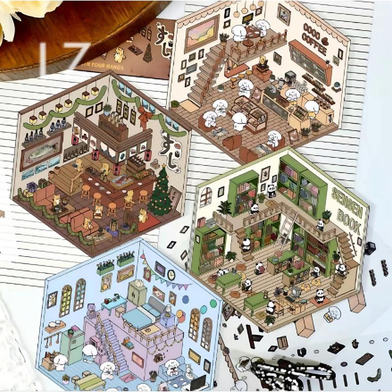 4PCS Fun DIY Stickers Scene Make Your Own Supermarket, DIY 3D House Stickers, Cute 3D Korean Cartoon Scene Stickers for Adult Relief Stress Pass The Time