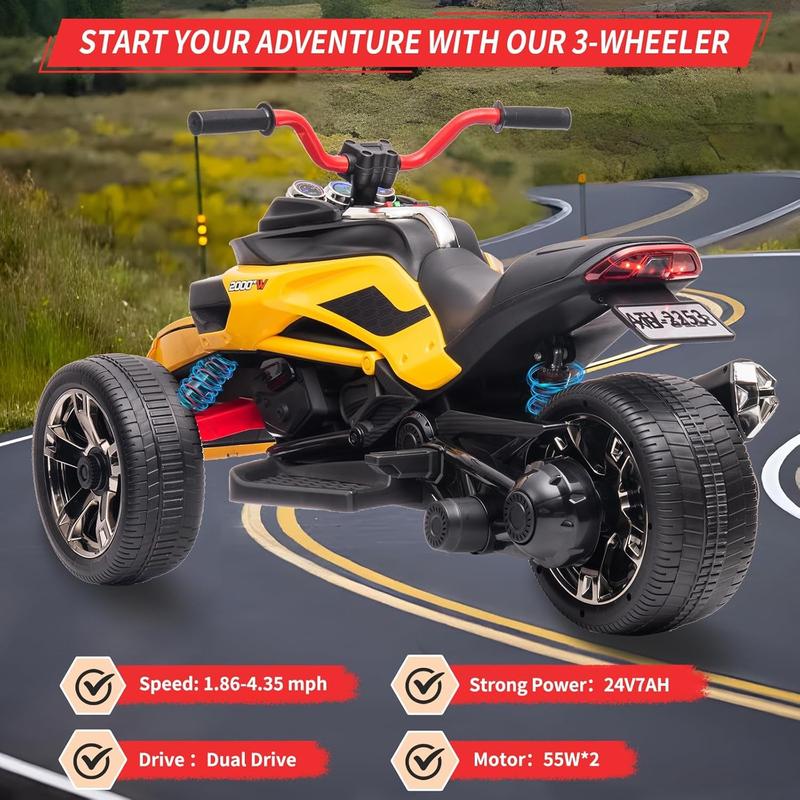 24V Kids Ride On ATV, 3 Wheeler Electric Vehicle, Battery Powered Ride on motor-cycle for Boys Girls with LED Lights, Music, High Low Speed, Soft Start,without Remote Control,Birthday Christmas Gift For Child,Red