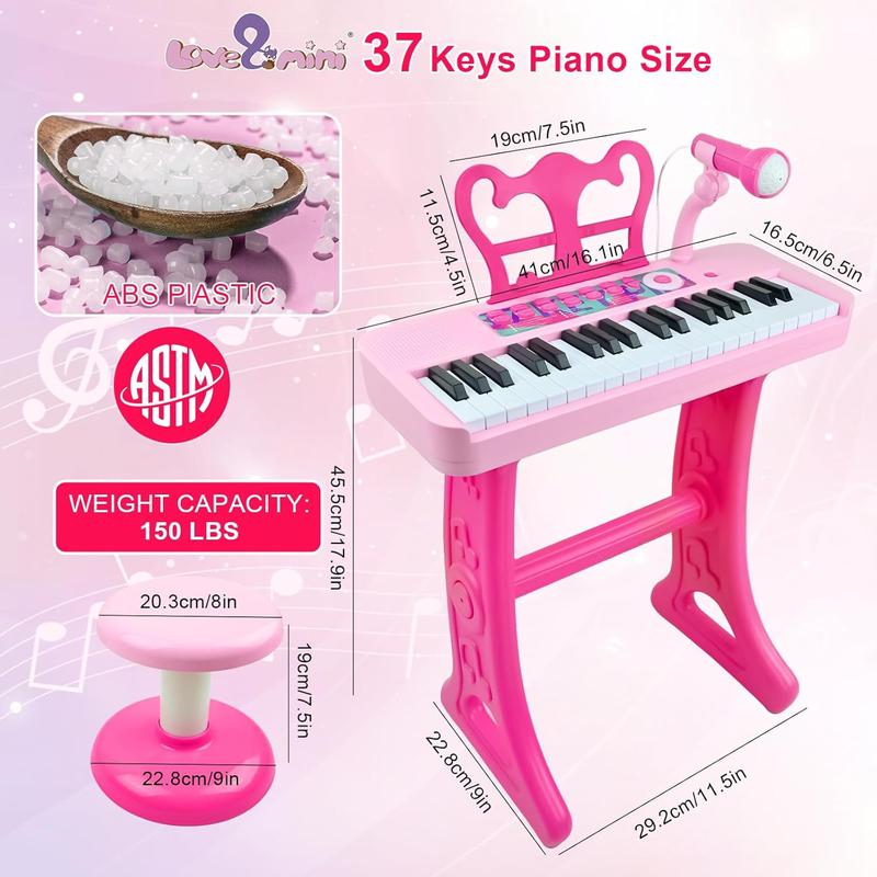 Kids Piano Keyboard Toys - 37 Keys Keyboard Piano with Microphone Stool and 2 Speakers, Christmas Birthday Gifts for 3+ Years Old Baby Girls Toys