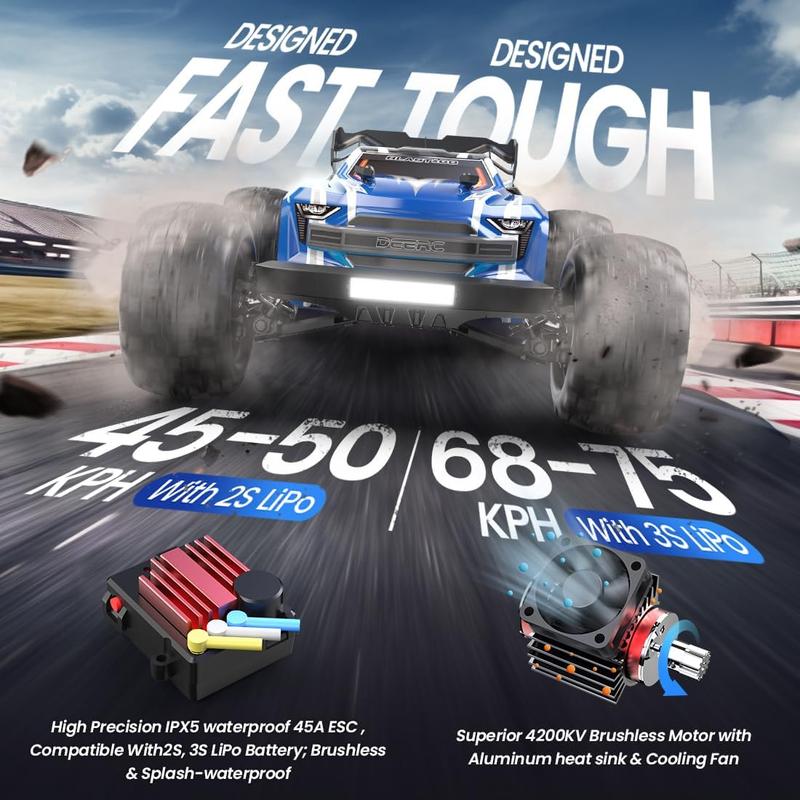 DEERC H16E Brushless Extreme High Speed RC Truck, Max 70kph, 1:16 4X4 RTR Fast RC Cars, All Terrains RC Monster Truck, Off Road Hobby Electric Vehicle Gift for , 2 Li-po Batteries