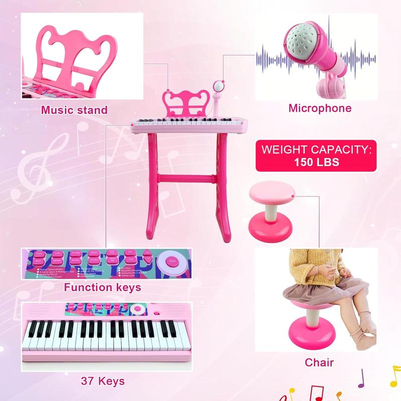 Kids Piano Keyboard Toys - 37 Keys Keyboard Piano with Microphone Stool and 2 Speakers, Christmas Birthday Gifts for 3+ Years Old Baby Girls Toys