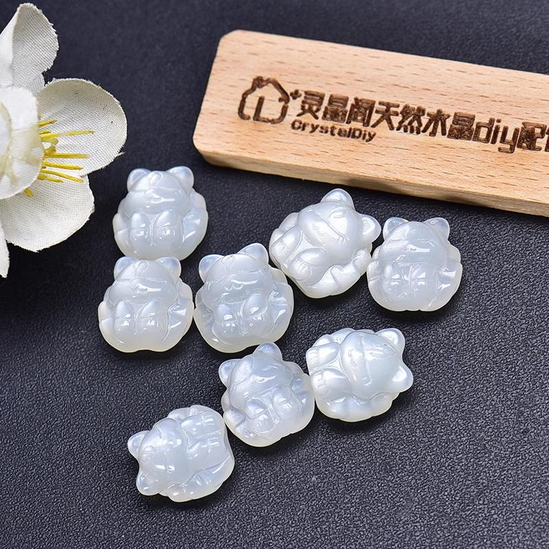 Natural White Moonstone Nine Tailed Fox Carved Cute Pendant Bracelet Necklace Beaded DIY Loose Beads Handmade Accessories