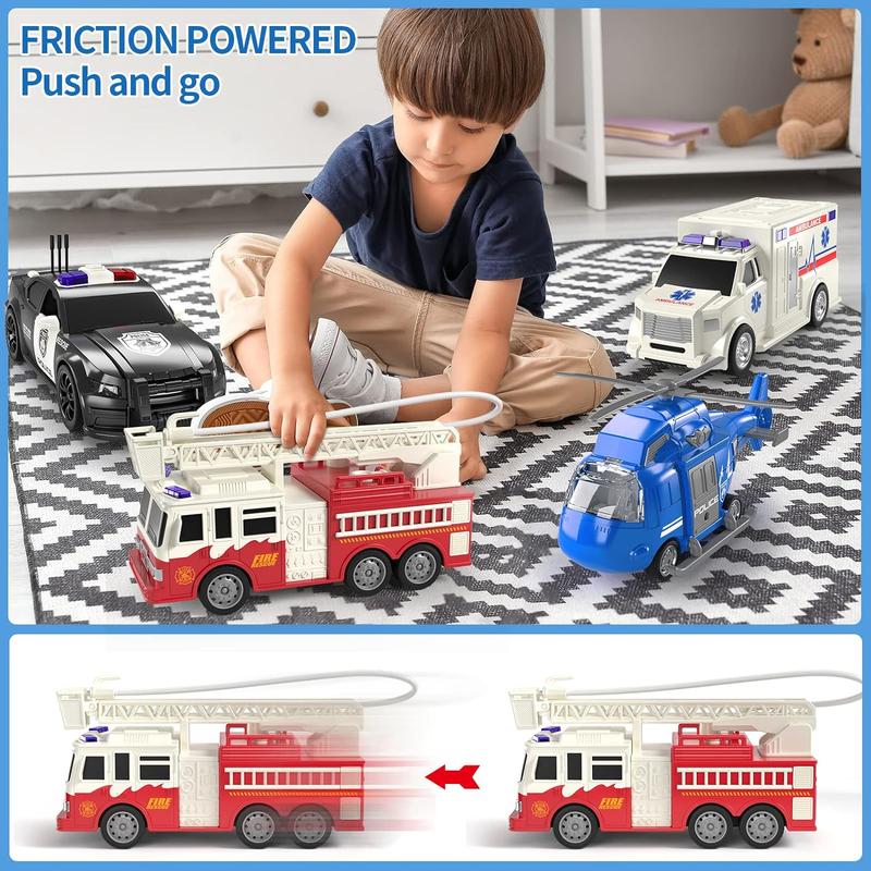 4 Pack Emergency Vehicles, Helicopter, Police Car, Fire Truck, Ambulance Friction Powered Toys