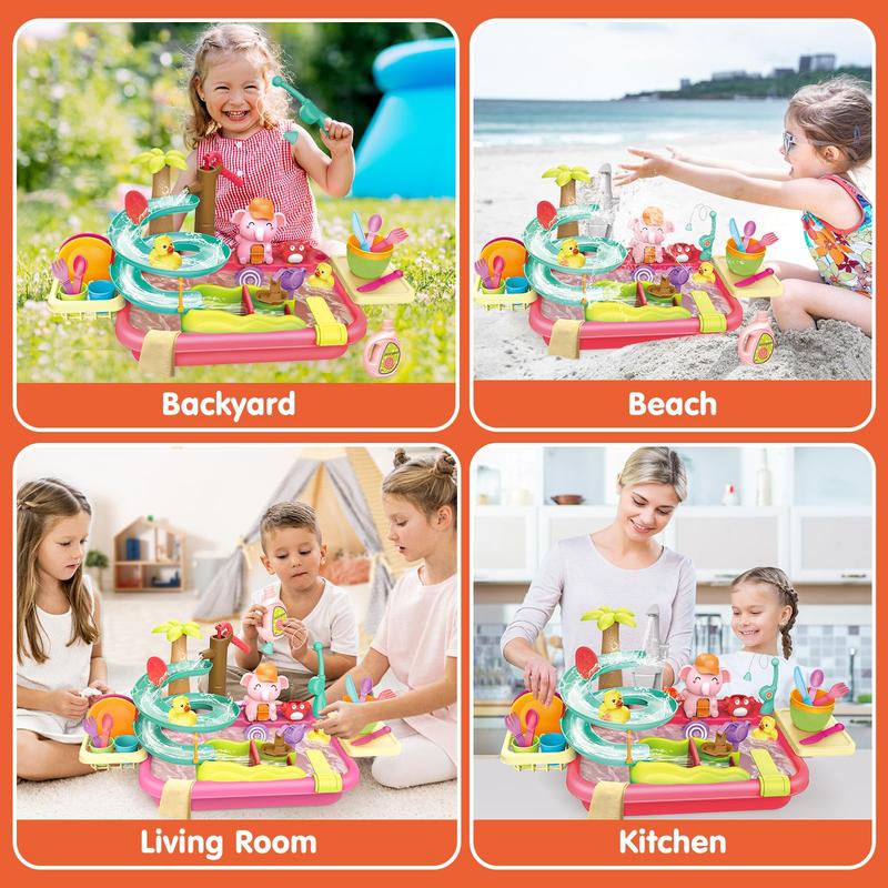 Play Sink with Running Water, 2 in 1 Electric & Manual Faucet Kitchen Sink Toy, Duck Slide Water Table Summer Toy, Floating Pool Toy Fishing Game, Kids Pretend Play Dishwasher Set for Boys Girls