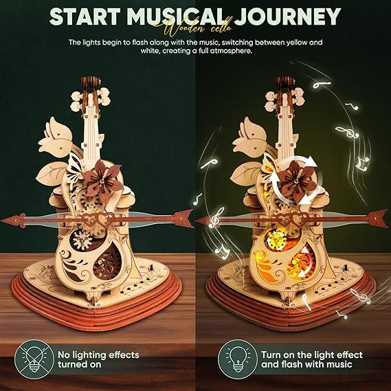 3D Puzzles for Adults, Cello Wooden Puzzles Music Box Set, 2024 Upgrade with Light and Bluetooth function, 3D Wooden Puzzles Birthday Present Hobby for Adults & Teens, Room Decor