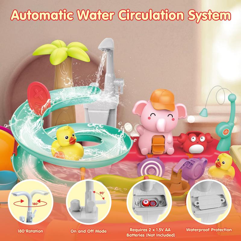 Play Sink with Running Water, 2 in 1 Electric & Manual Faucet Kitchen Sink Toy, Duck Slide Water Table Summer Toy, Floating Pool Toy Fishing Game, Kids Pretend Play Dishwasher Set for Boys Girls