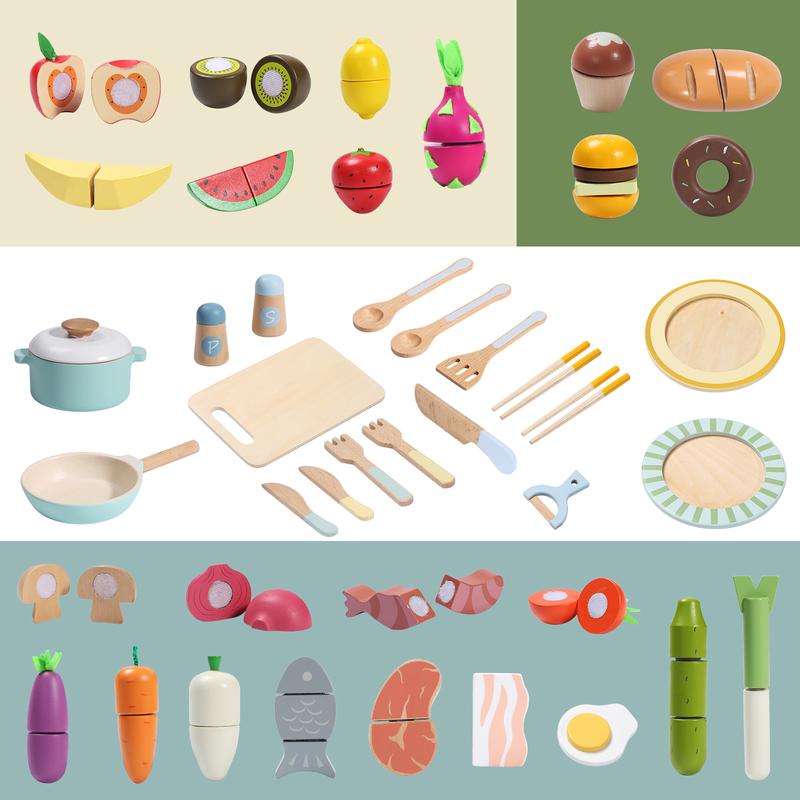 Giant bean Wooden Play Food Set, Play Kitchen Accessories, 71PCS Pretend Play Cooking Toy, Vegetables Fruits Cutting Toys, Play Dishes, Educational Toys