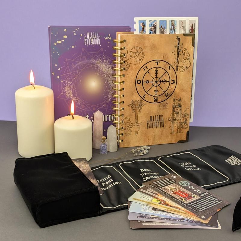 Tarot Learning Set for Beginners in BLACK with Tarot Journal, Tarot Cards, Velvet Tarot Holder Wrap, Tarot Journal, and Stickers