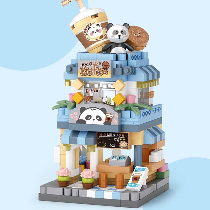 1 Set Cartoon Panda Cafe Building Blocks, Miniature Model Building Toys for Kids, Creative Architectural Model Mini Ornaments