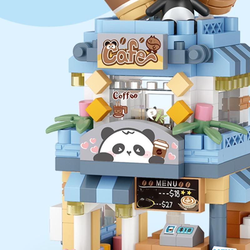 1 Set Cartoon Panda Cafe Building Blocks, Miniature Model Building Toys for Kids, Creative Architectural Model Mini Ornaments