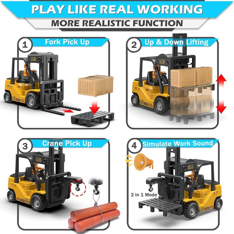 RC Forklift Truck, 2 in 1 Transform Lift Fork & Hook, Kids Forklift Toy, 11 Channel Remote Control Forklift for Adults, 2 Battery, Spray, Light, RC Construction Vehicles Toy Gift for Kids 6+