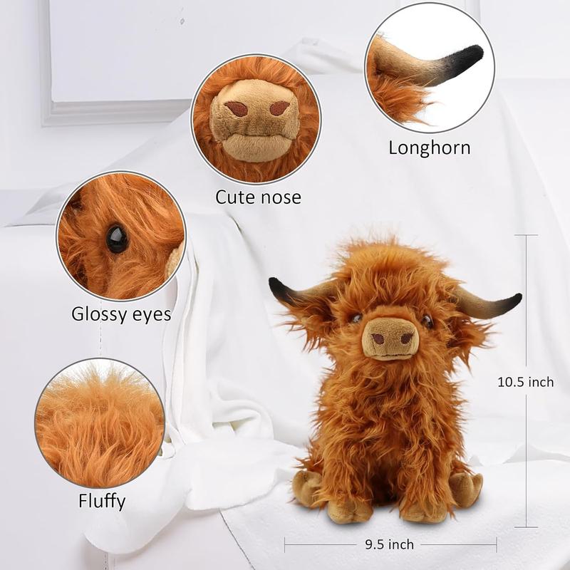 10.5 inches Highland Cows Stuffed Animals, Cute Fluffy Cow Plush Figure Toys Realistic Highland Cattle Plush Decor for Kids Baby Girls Boys