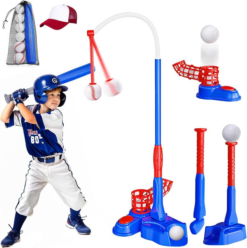 EagleStone 4-in-1 T-Ball Set, Tee Ball Stand, Hanging Tee, Ball Launcher, and Golf with 6 Softballs – Outdoor Sports Toy