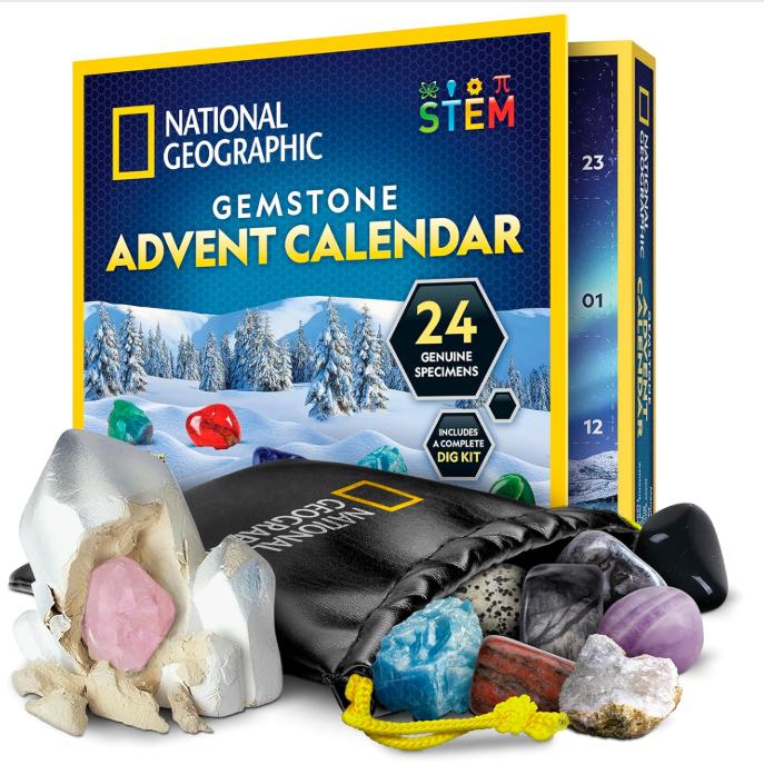 NATIONAL GEOGRAPHIC Gemstone Advent Calendar - 2024 Advent Calendar for Kids with 24 Gemstones to Open Each Day, a Complete Rock Collection Christmas Countdown