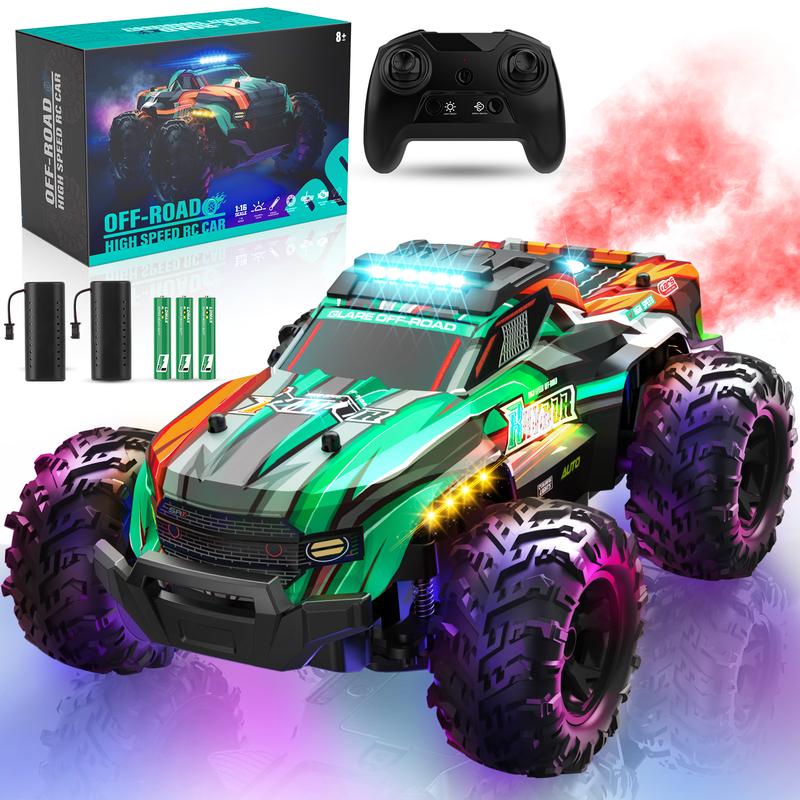 BLUEJAY Remote Control Car, 1:16 All Terrain High Speed RC Cars Truck for Boy, Rechargeable Monster RC Truck with Colorful LED Lights & Spray, RC Cars Toys Gifts for Adults Kids Boys Girls remote control