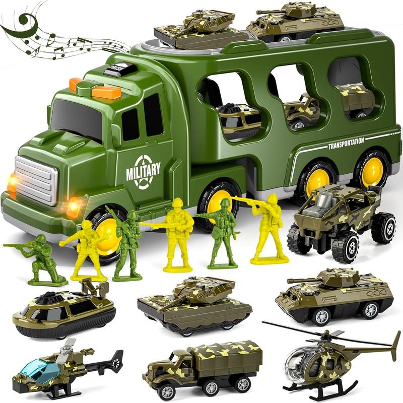 Military Truck with Army Toy Set ,14 in 1 Mini Diecast Battle Car Set with Lights and Sounds, Christmas & Birthday Gift