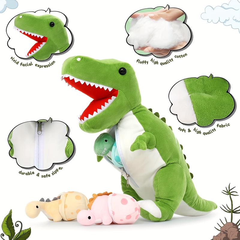 Giant Dinosaur Stuffed Animal 23.6'' Big T-Rex Mommy Dinosaur Plush Toy With 3 Cute Baby Dinosaurs & 3 Egg Bags Inside Its Zippered Tummy For Boys Girls