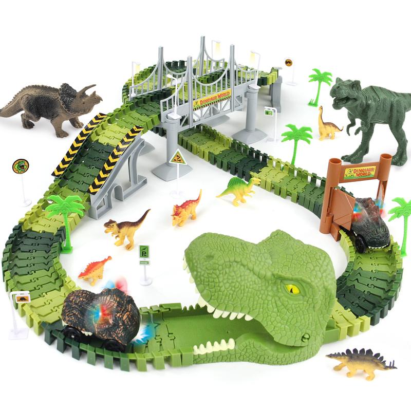 174 PCS Flexible Dinosaur Train Tracks and Race Cars Playset with 8 Dinosaurs Figures, Electric Vehicles, Lights - Create Road Racing World for Toddlers and Kids