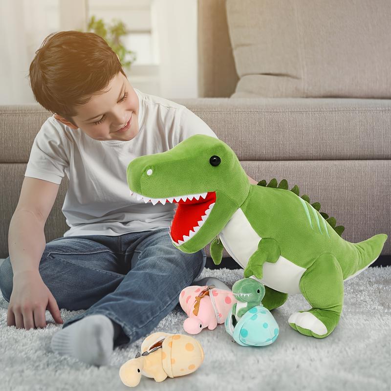 Giant Dinosaur Stuffed Animal 23.6'' Big T-Rex Mommy Dinosaur Plush Toy With 3 Cute Baby Dinosaurs & 3 Egg Bags Inside Its Zippered Tummy For Boys Girls