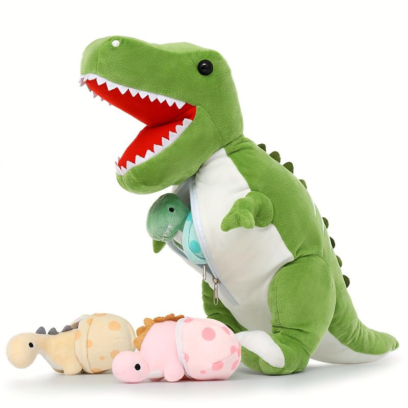 Giant Dinosaur Stuffed Animal 23.6'' Big T-Rex Mommy Dinosaur Plush Toy With 3 Cute Baby Dinosaurs & 3 Egg Bags Inside Its Zippered Tummy For Boys Girls