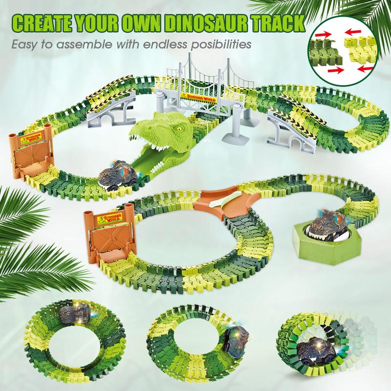 174 PCS Flexible Dinosaur Train Tracks and Race Cars Playset with 8 Dinosaurs Figures, Electric Vehicles, Lights - Create Road Racing World for Toddlers and Kids